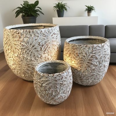 شراء نمط تصميم ورقة مونستيرا رمادي مستدير GRC وعاء مشاريع تنسيق الحدائق على السطح online manufacture